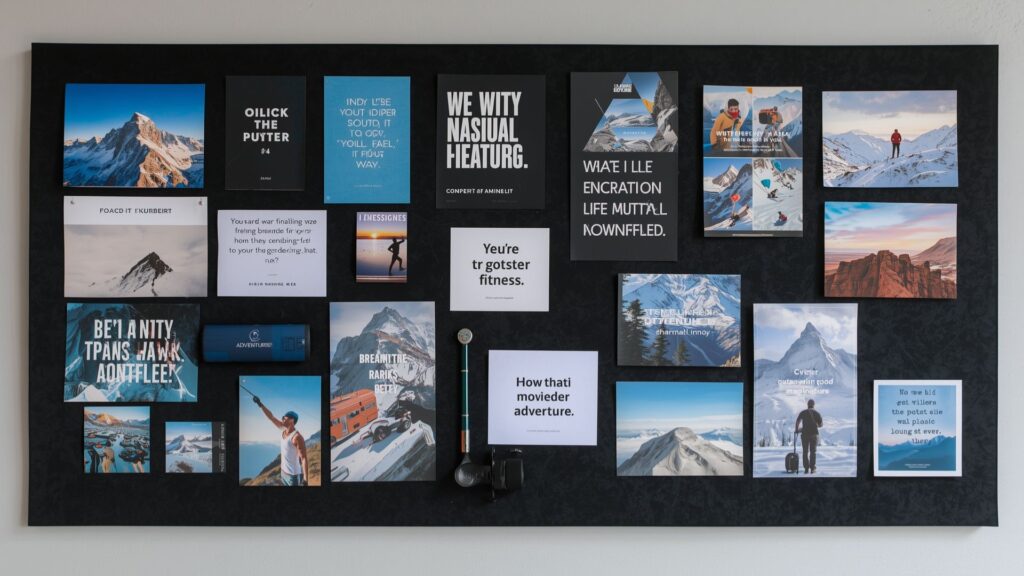 Completed vision boards displaying mountain climbing goals and adventure travel aspirations