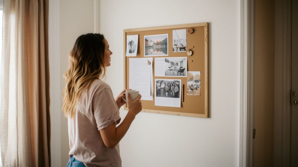 Woman reviewing her vision boards during morning routine for daily goal visualisation