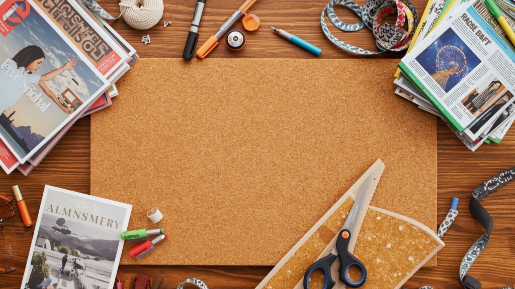 Materials needed for creating vision boards including magazines scissors and cork board
