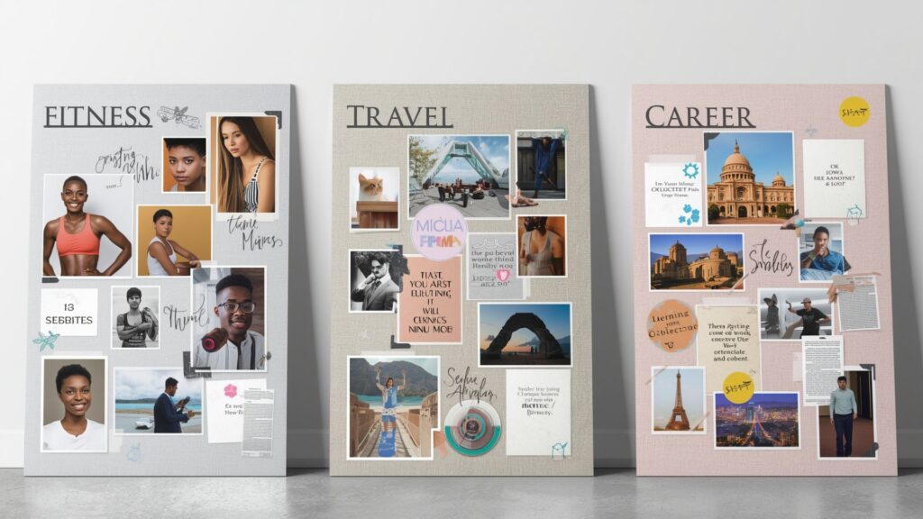 Multiple vision boards each dedicated to specific individual goals and aspirations