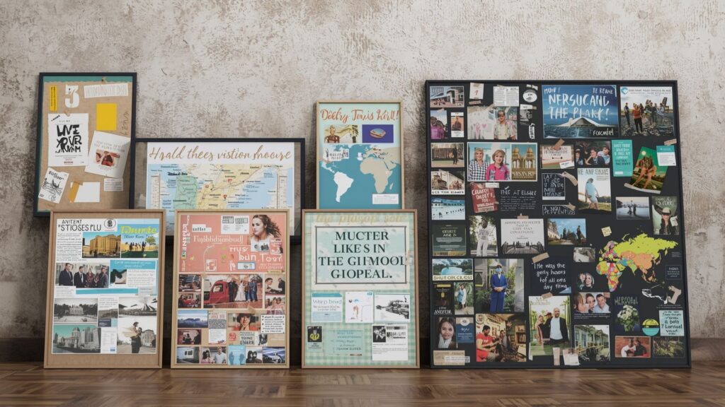 Archive of completed vision boards representing achieved goals and personal growth milestones