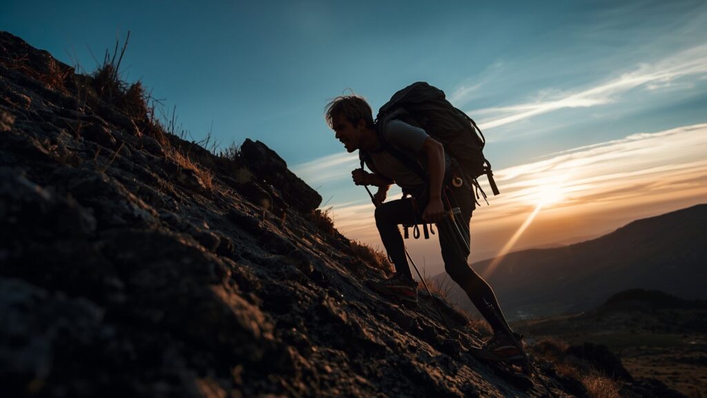 Mountain climber embodying hunger for success through perseverance and sacrifice