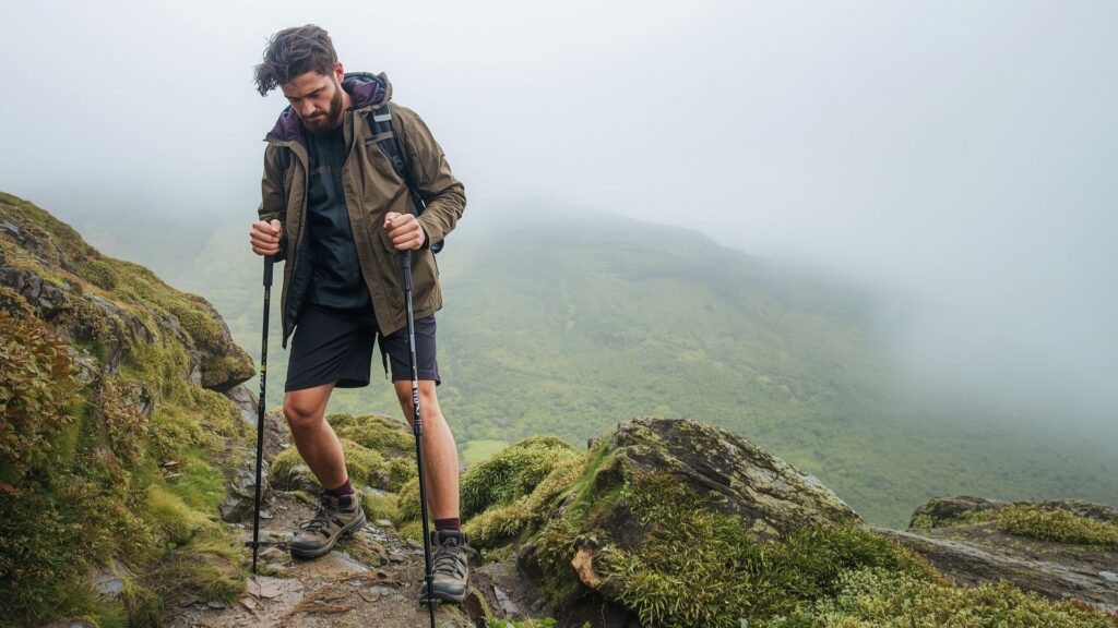 Layering up with waterproof breathable shell as outer layer protection against Irish mountain weather