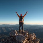 Building confidence through mountain climbing achievement at summit with expansive views