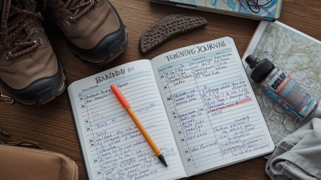 Training for hiking schedule planning with weekly workout routine and hiking boots