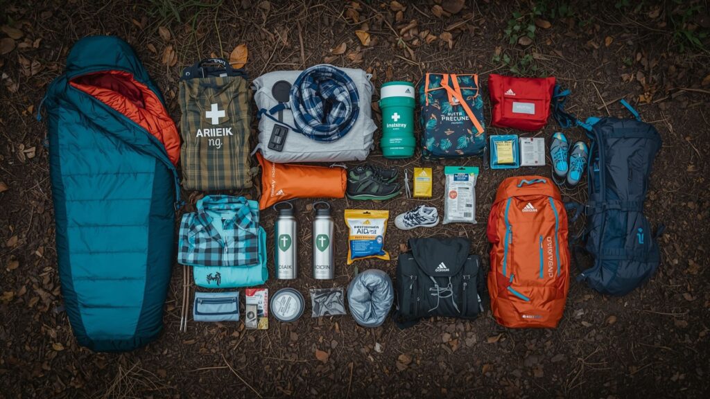 Organized hiking gear layout showing essential items to pack for hiking adventures before loading backpack