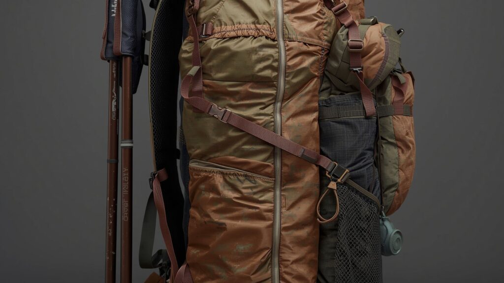 Fully loaded backpack with external gear attachments showing complete system to pack for hiking efficiently