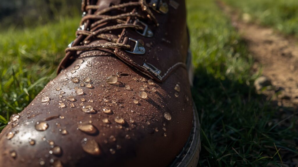 Waterproofing your hiking boots creates water-repellent surface with beading effect
