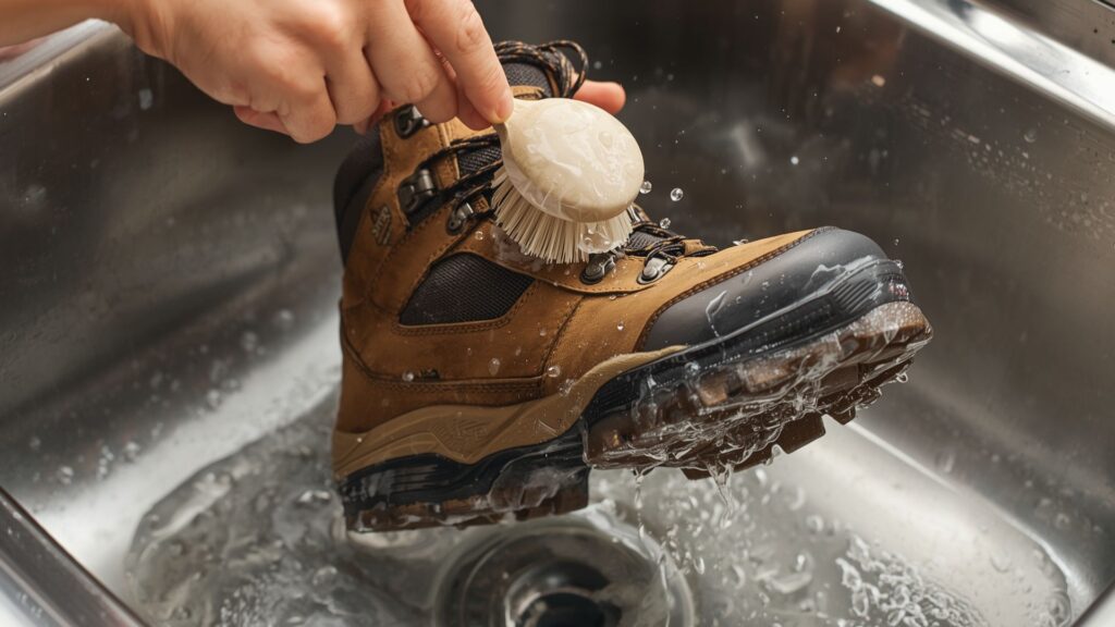 Waterproofing your hiking boots requires thorough cleaning with brush and water