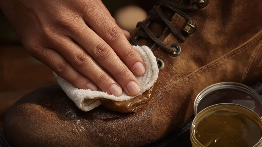 Waterproofing your hiking boots with wax using circular rubbing motions on leather