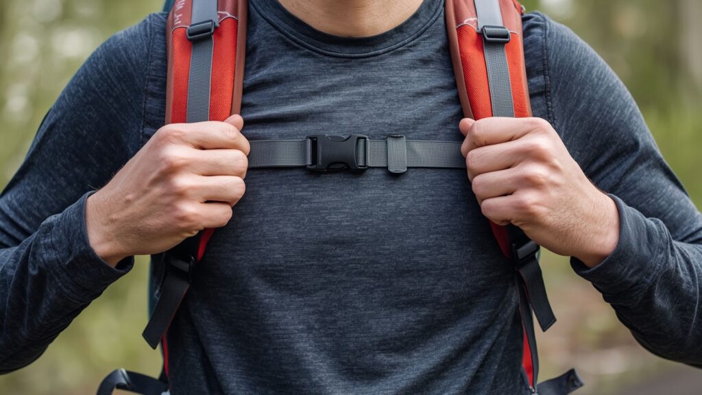 Fitting your backpack includes proper sternum strap adjustment for stability and comfort