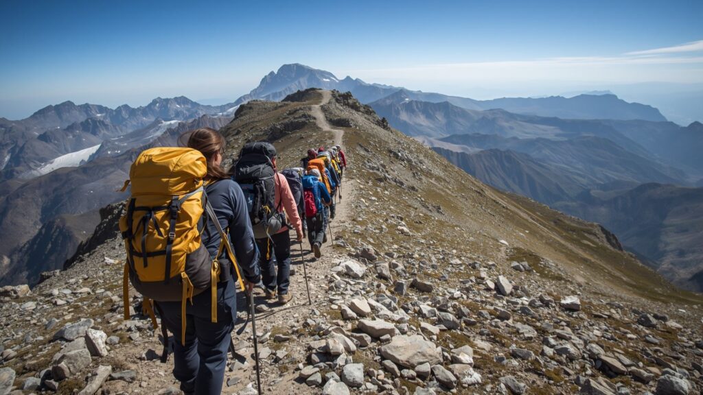 Courage and commitment shown by trekking team ascending Kilimanjaro with experienced guide