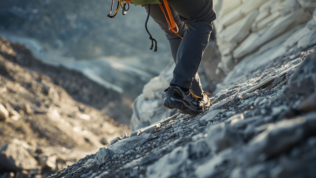 Taking courageous action with climber stepping forward onto challenging mountain route