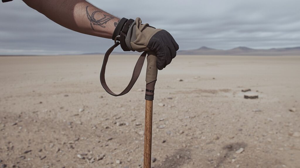 Proper hiking poles height adjustment showing 90-degree elbow angle