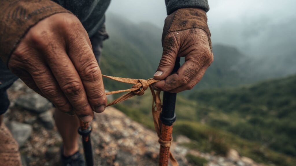 Correct strap technique for hiking poles threading from below through loop