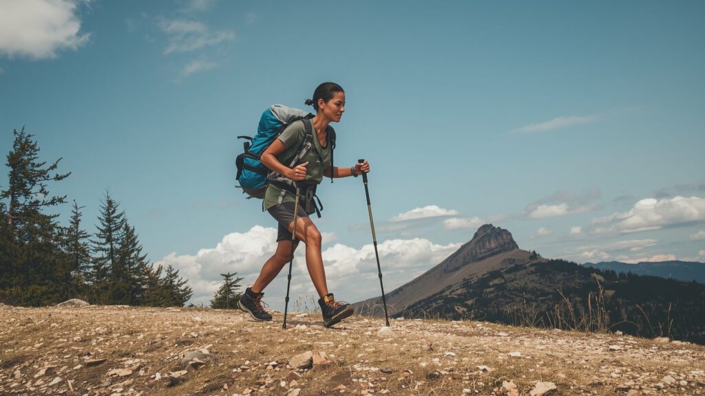 Hiking poles walking technique showing opposite arm and leg coordination on flat terrain