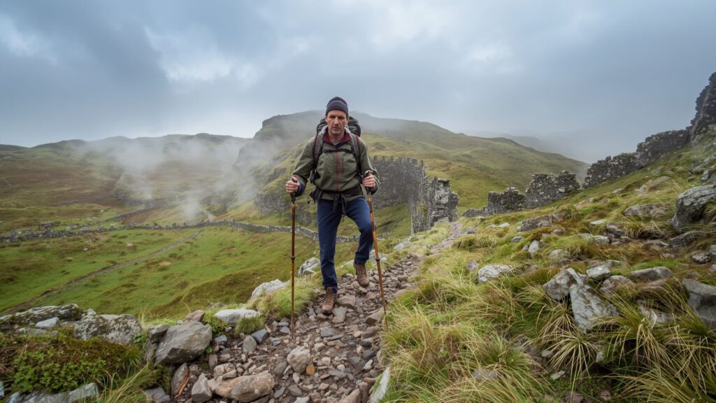 Uphill hiking technique with shortened hiking poles on steep mountain ascent