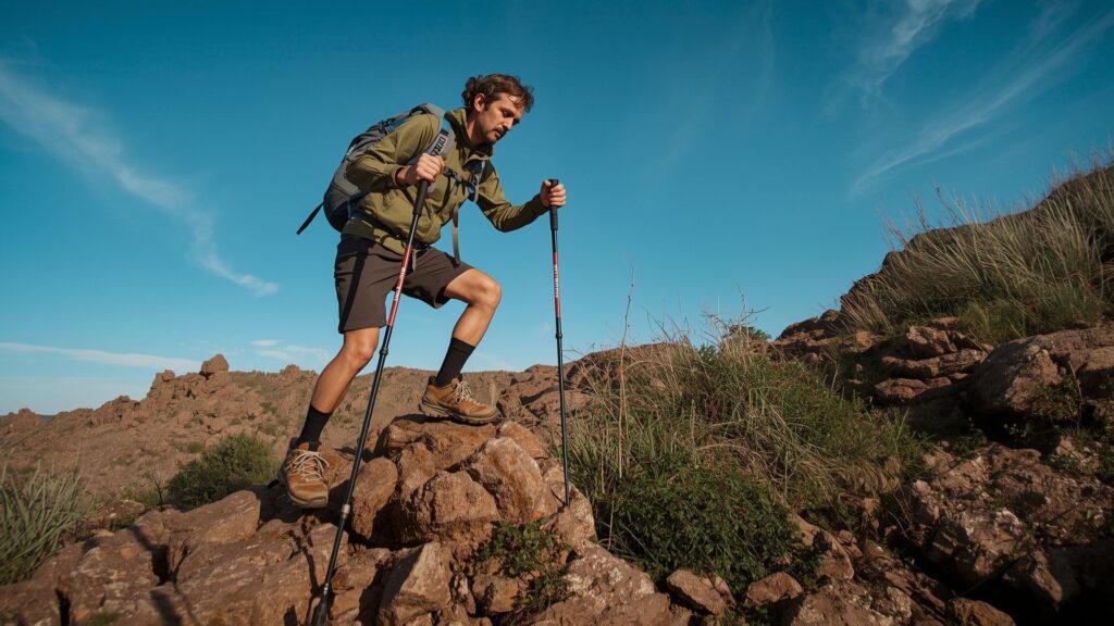 Hiking poles providing balance and stability on rocky technical mountain terrain