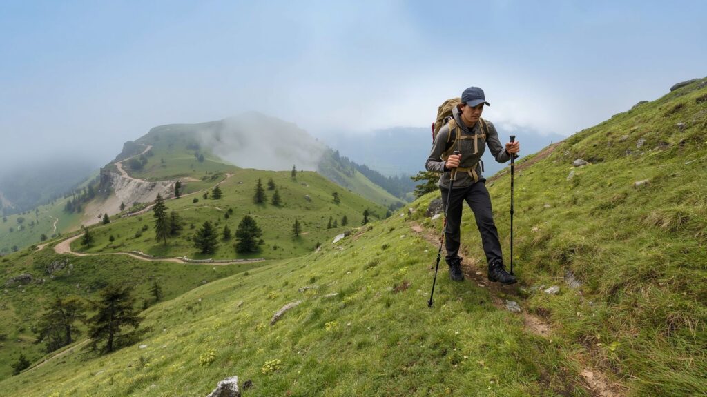 Side hilling technique showing different hiking poles lengths on sloped terrain