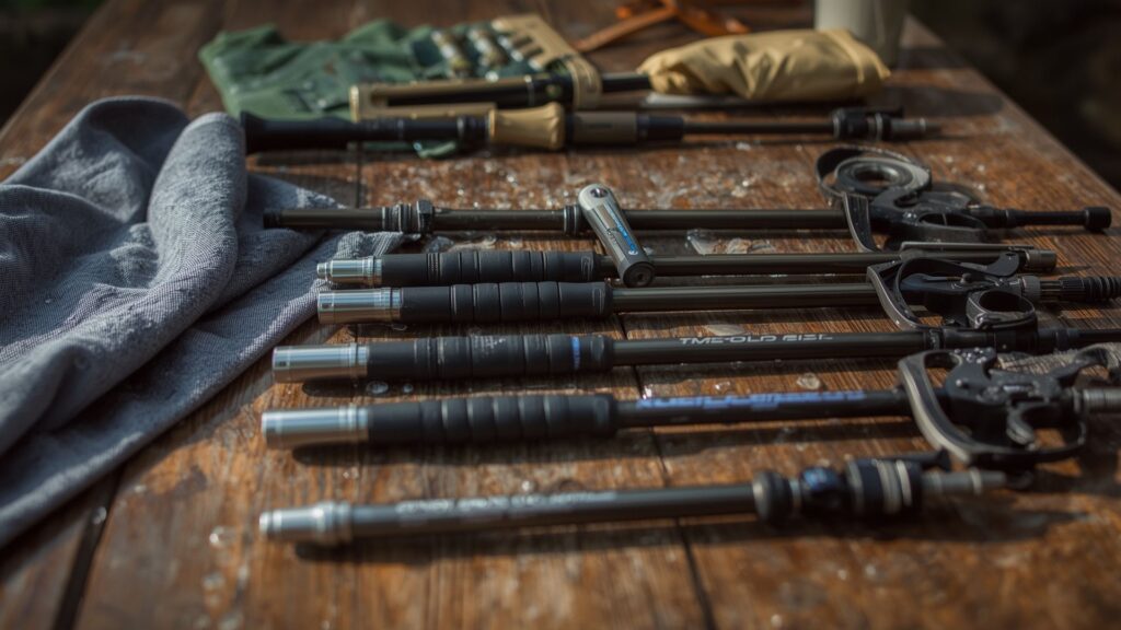 Disassembled hiking poles sections showing proper maintenance and cleaning technique