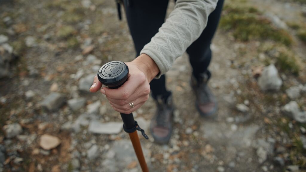 Ann Dowley Spillane walking with stick during cancer recovery and mountain training