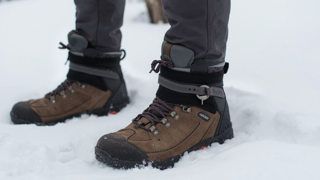Winter hiking gear gaiters fitted correctly over boots in snowy conditions