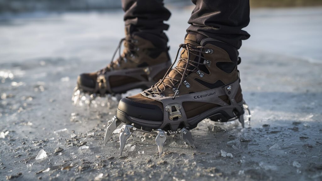 C1 crampons winter hiking gear attached to boots on ice showing twelve-point configuration