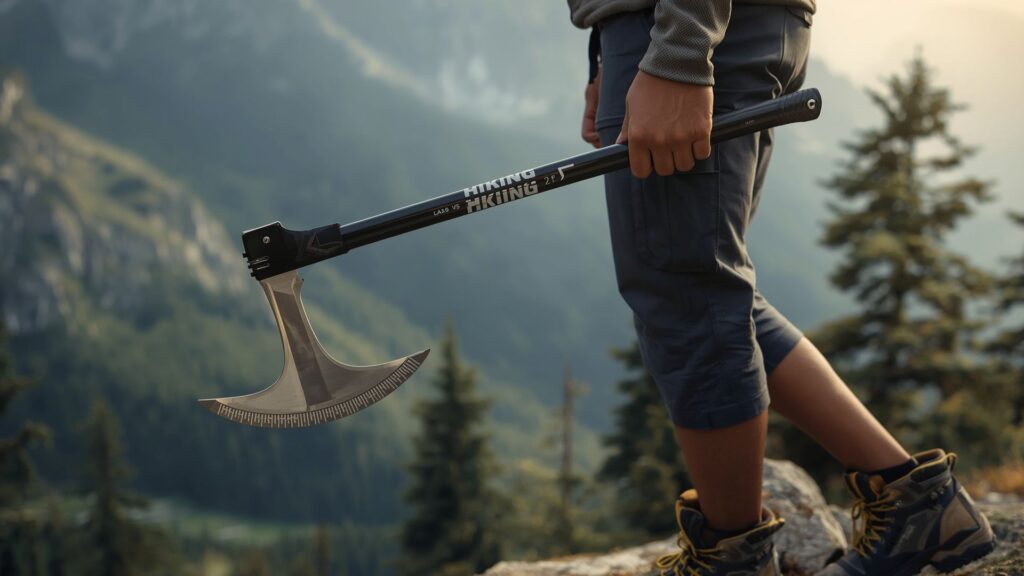 Ice axe winter hiking gear components and proper holding technique demonstrated