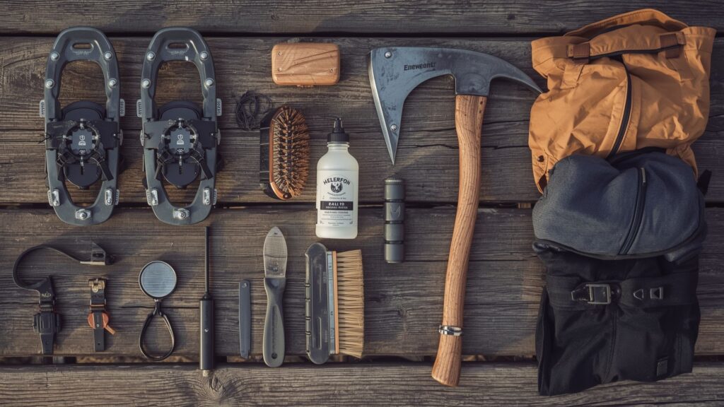 Winter hiking gear maintenance equipment and inspection tools for crampons and ice axe