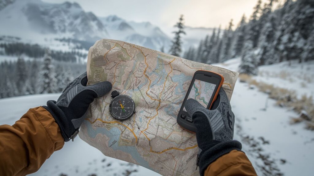 Winter hiking tips for navigation using map, compass, and GPS backup on snow-covered trails