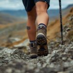 Hiker demonstrating proper technique to reduce knee pain while hiking downhill on rocky mountain trail