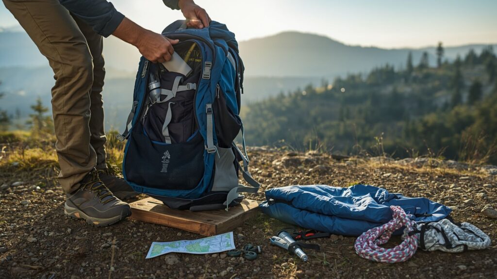 Hiker checking pack weight to reduce knee pain while hiking on long distance trails