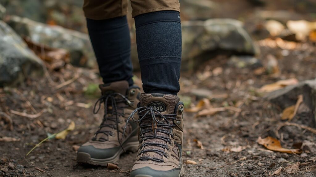 Knee brace worn by hiker to reduce knee pain while hiking on challenging terrain