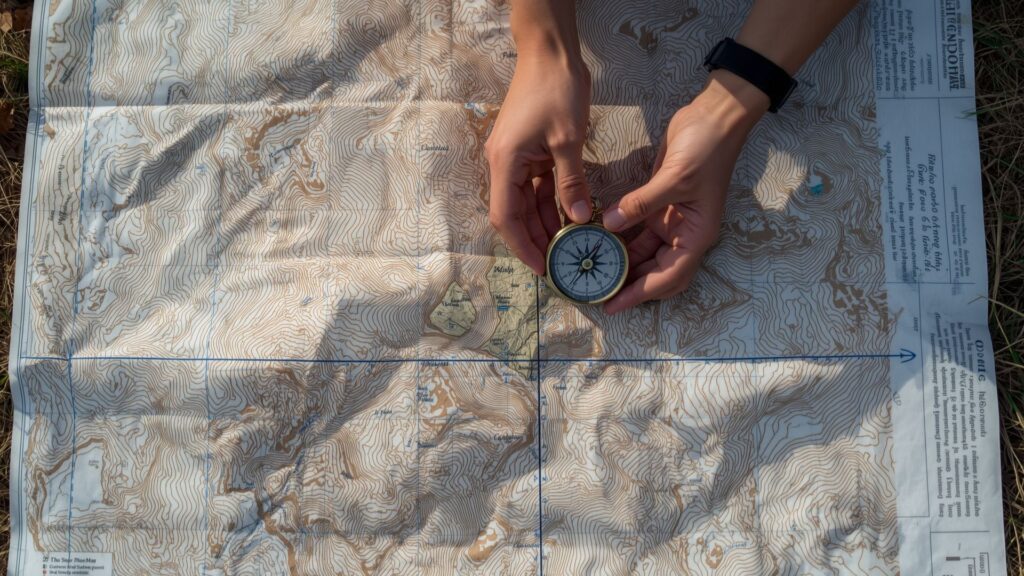 Using a compass to orient a topographic map by aligning orienting lines with north-south grid lines