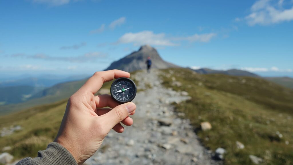 Using a compass to take a bearing towards a mountain summit during guided navigation training