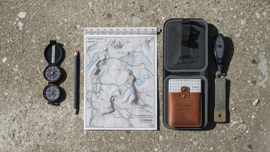 Using a compass alongside essential navigation equipment including maps and backup tools for hiking safety
