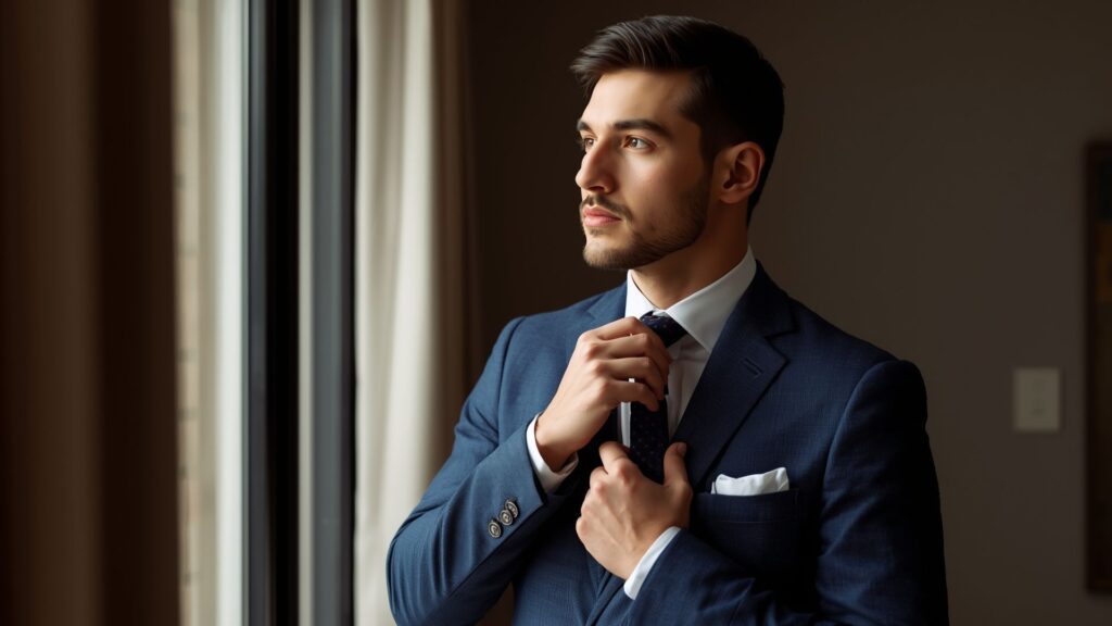 Well-groomed professional preparing appearance to boost your confidence before leaving home