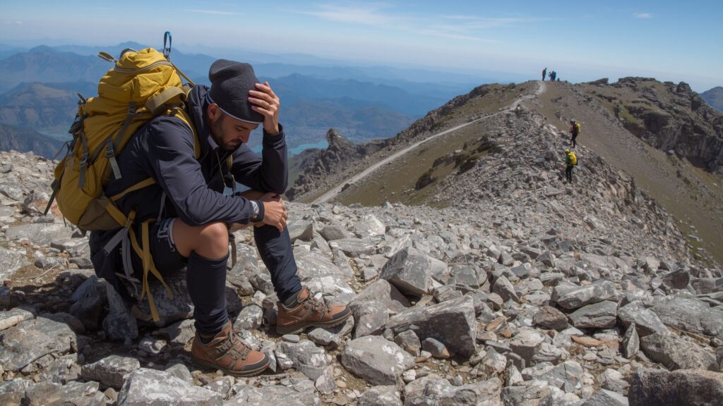 High altitude hiking rest break showing importance of monitoring symptoms and pacing during climbs