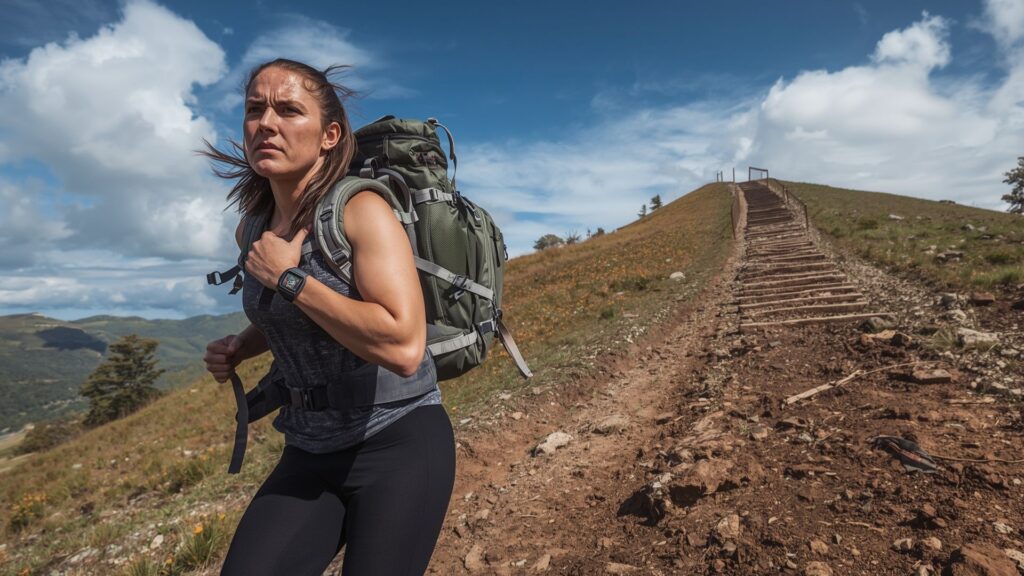 High altitude hiking training with weighted pack on steep incline building cardiovascular fitness