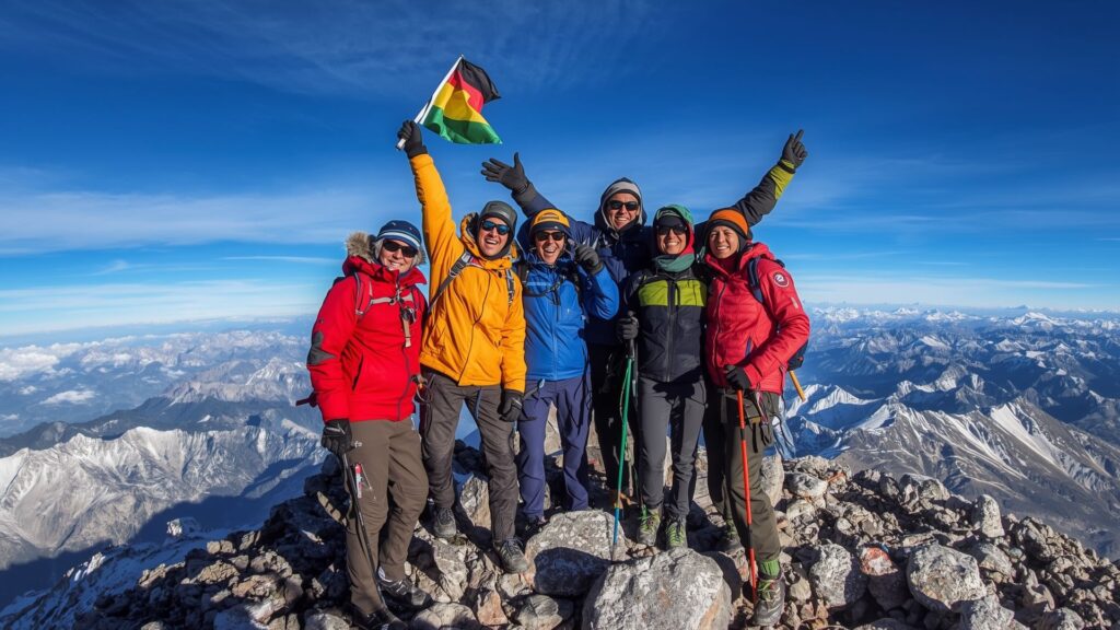 High altitude hiking summit success showing climbers reaching peak after proper preparation and acclimatisation