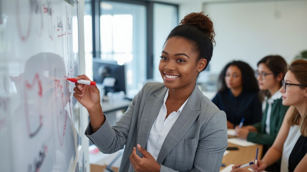 Professional demonstrating the 7 Cs of Communication clarity principle in presentation