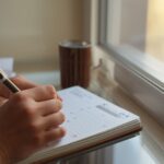 Person tracking daily progress learning how to form a habit with journal and calendar system