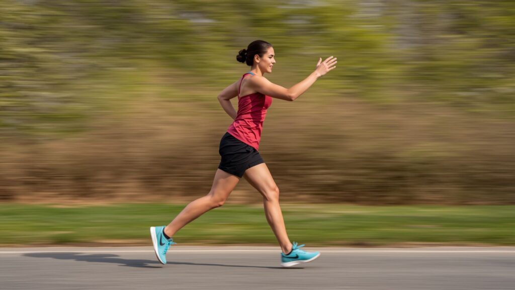 Walking properly demonstrates coordinated arm and leg movement with 45-60 degree elbow bend