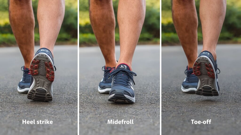 Walking properly through the three-phase gait cycle from heel strike to toe-off