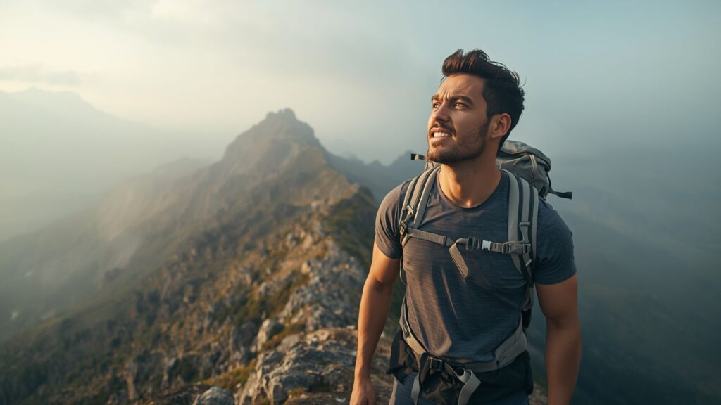 Tips & Tricks for Hiking mental preparation showing hiker approaching challenging mountain summit