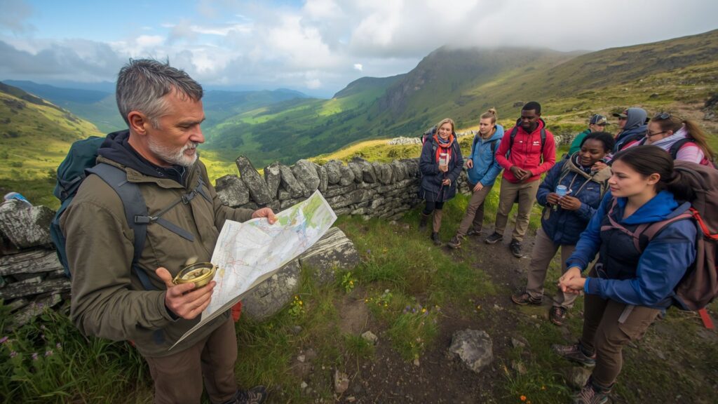 Tips & Tricks for Hiking navigation training showing guide teaching map and compass skills on trail