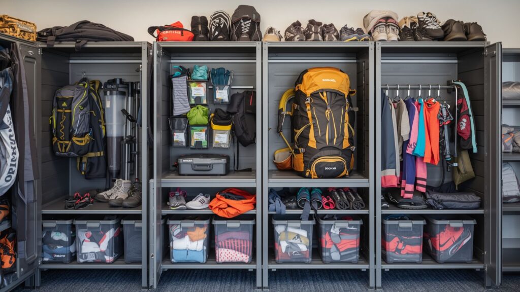 Tips & Tricks for Hiking gear organisation system showing equipment stored in dedicated racks and bins for quick preparation