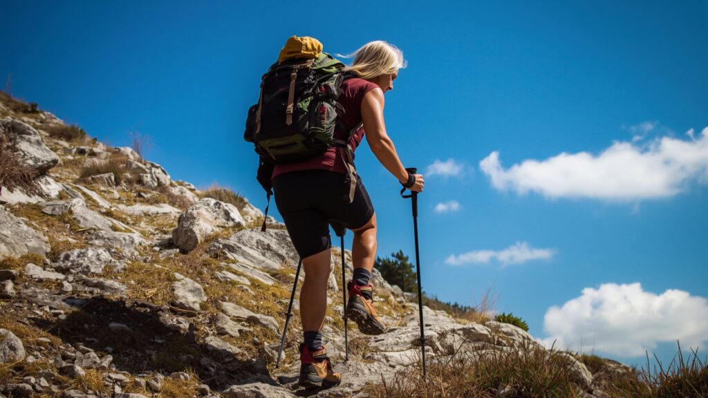 Uphill hiking tips demonstrating proper breathing rhythm and stride technique on steep ascents