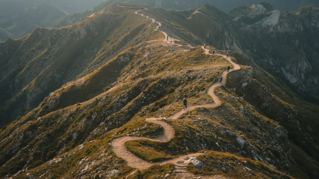 Mountain hiking tips showing zigzag technique to reduce gradient on steep ascents