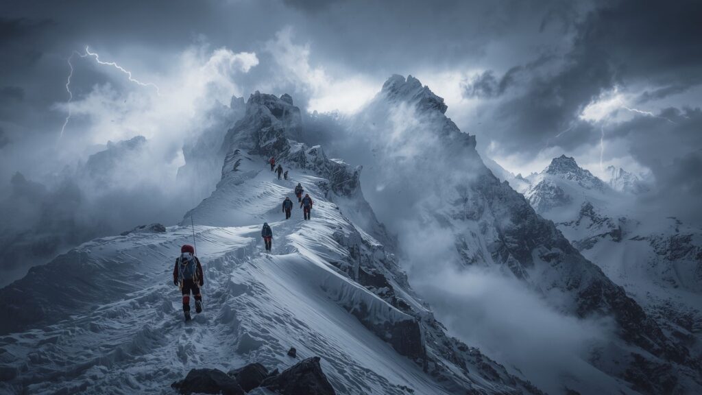 Thirty friends faced unpredictable weather hazards including severe storms and avalanche conditions